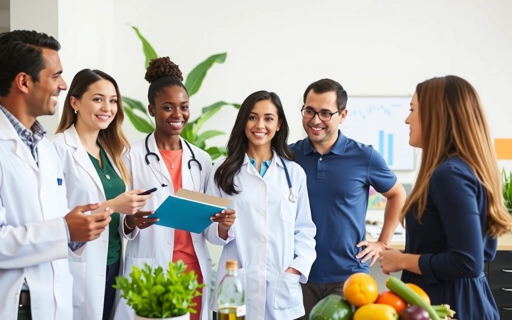 Grupo diverso de profesionales de la salud sonriendo y discutiendo en una reunión, con gráficos y plantas en el fondo