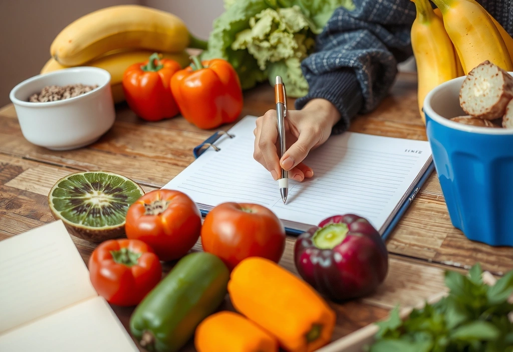 Persona escribiendo en un diario de salud y nutrición