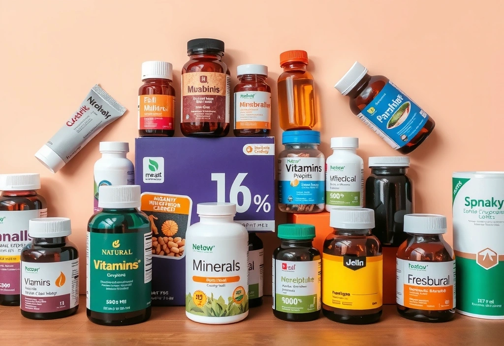 Variedad de suplementos alimenticios y vitaminas en envases coloridos.